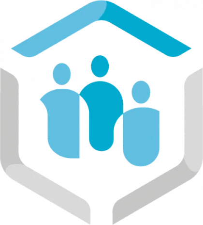 Drei Personen in blau, die das Logo des Kompetenzzentrums symbolisieren.