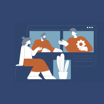 © GÖG Illustration von drei Personen im Gespräch in einem Online-Meeting, ergänzt durch ein Pflanzensymbol.