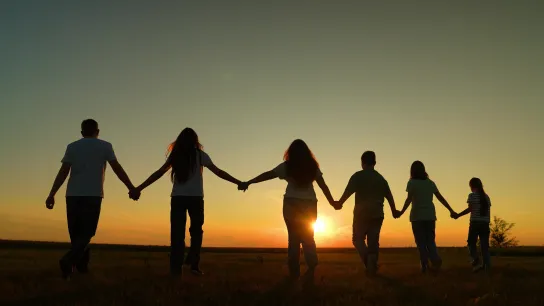 © TO LOVE - stock.adobe.com Sechs Menschen gehen bei Sonnenuntergang Hand in Hand über ein Feld. Das Bild steht für Gemeinschaft und soziale Verbundenheit.